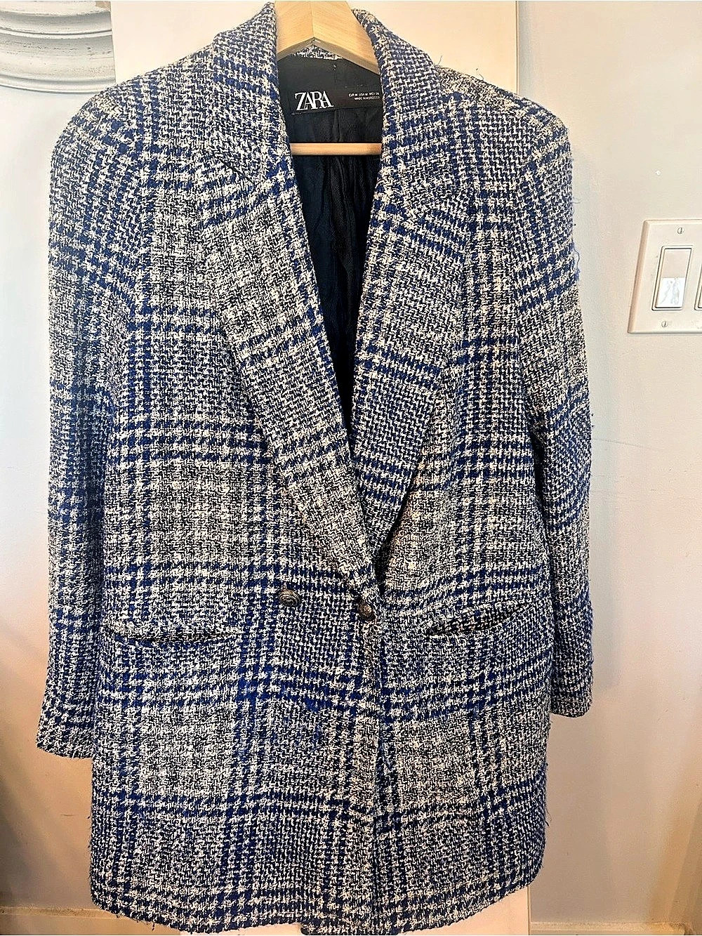 Zara Double-Breasted Plaid Tweed Blazer Coat - Cobalt Blue/Black - Size M